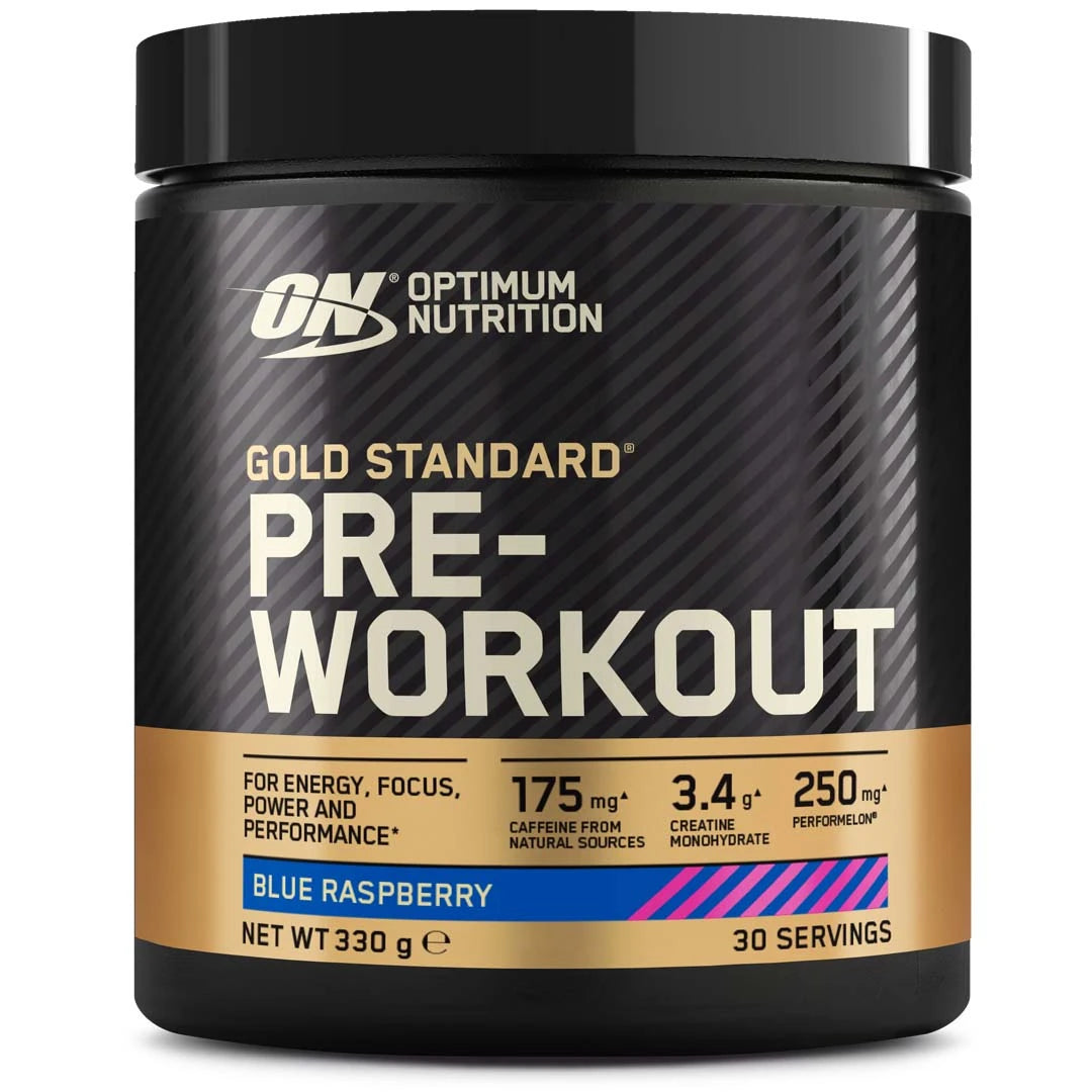 Optimum Nutrition Gold Standard Pre-workout i en svart boks med gulldetaljer og smaken Blue Raspberry.