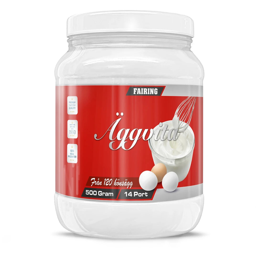 Fairing Äggvita 500 g proteinpulver i en hvit boks med rød etikett som viser pisket eggehvite og egg.