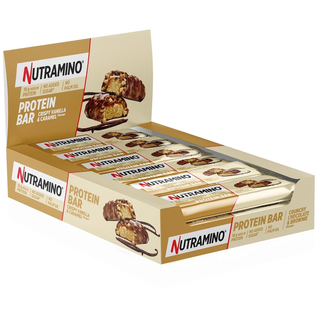 12 x Nutramino Protein Bar 55 g Crispy Vanilla and Caramel i en beige forpakning.