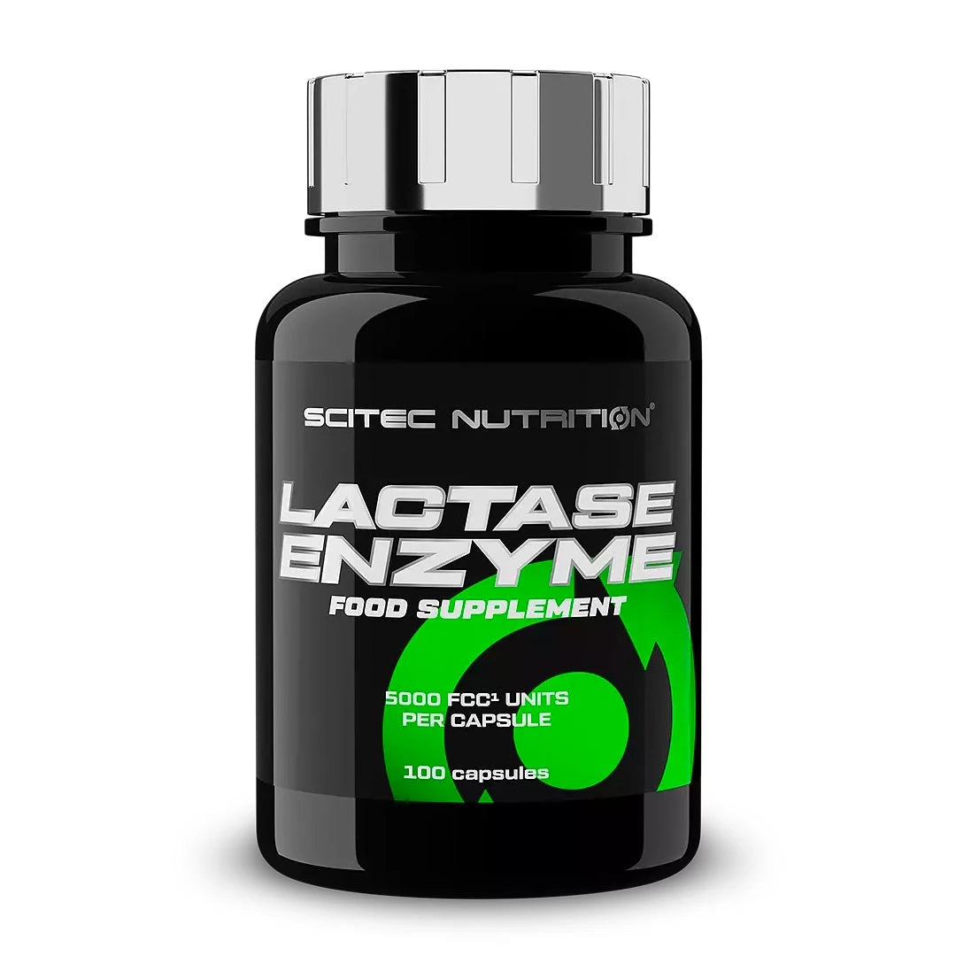 Scitec Nutrition Lactase Enzyme 100 caps i en svart boks med sølvfarget lokk og grønne detaljer på etiketten.