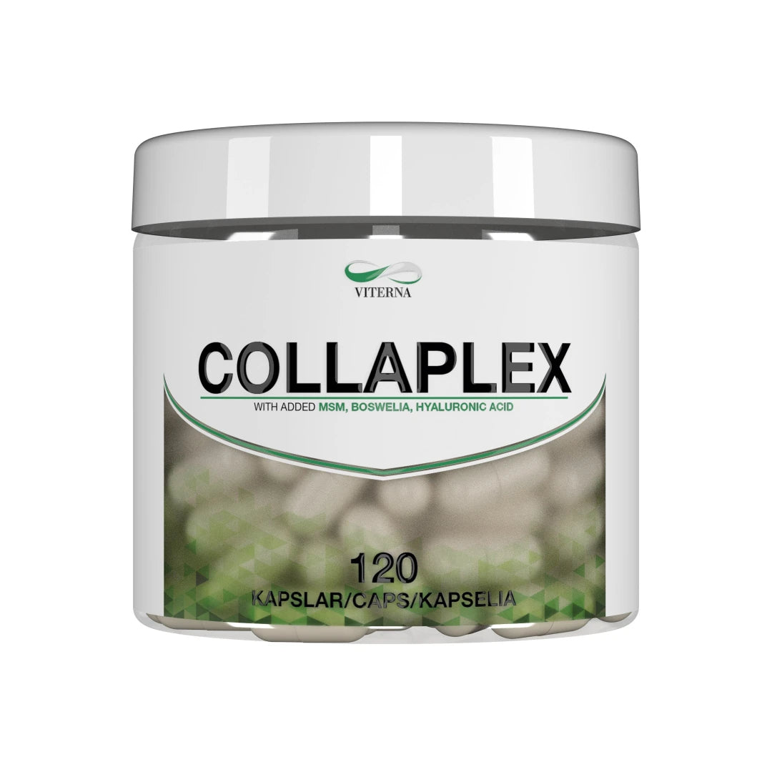 Viterna Collaplex 120 caps kollagentilskudd i en hvit boks med grønne detaljer og synlige kapsler.
