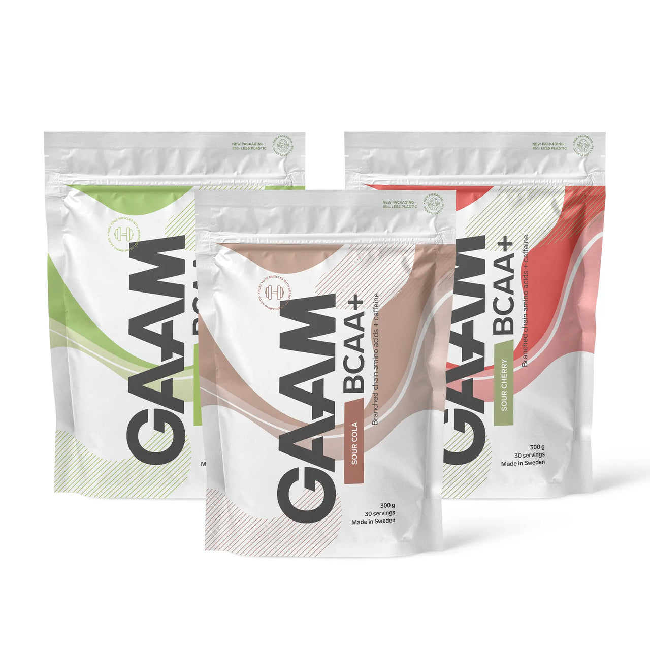 3 x GAAM BCAA + Caffeine 300 g aminosyrer i tre hvite poser med fargede mønstre for ulike smaker.