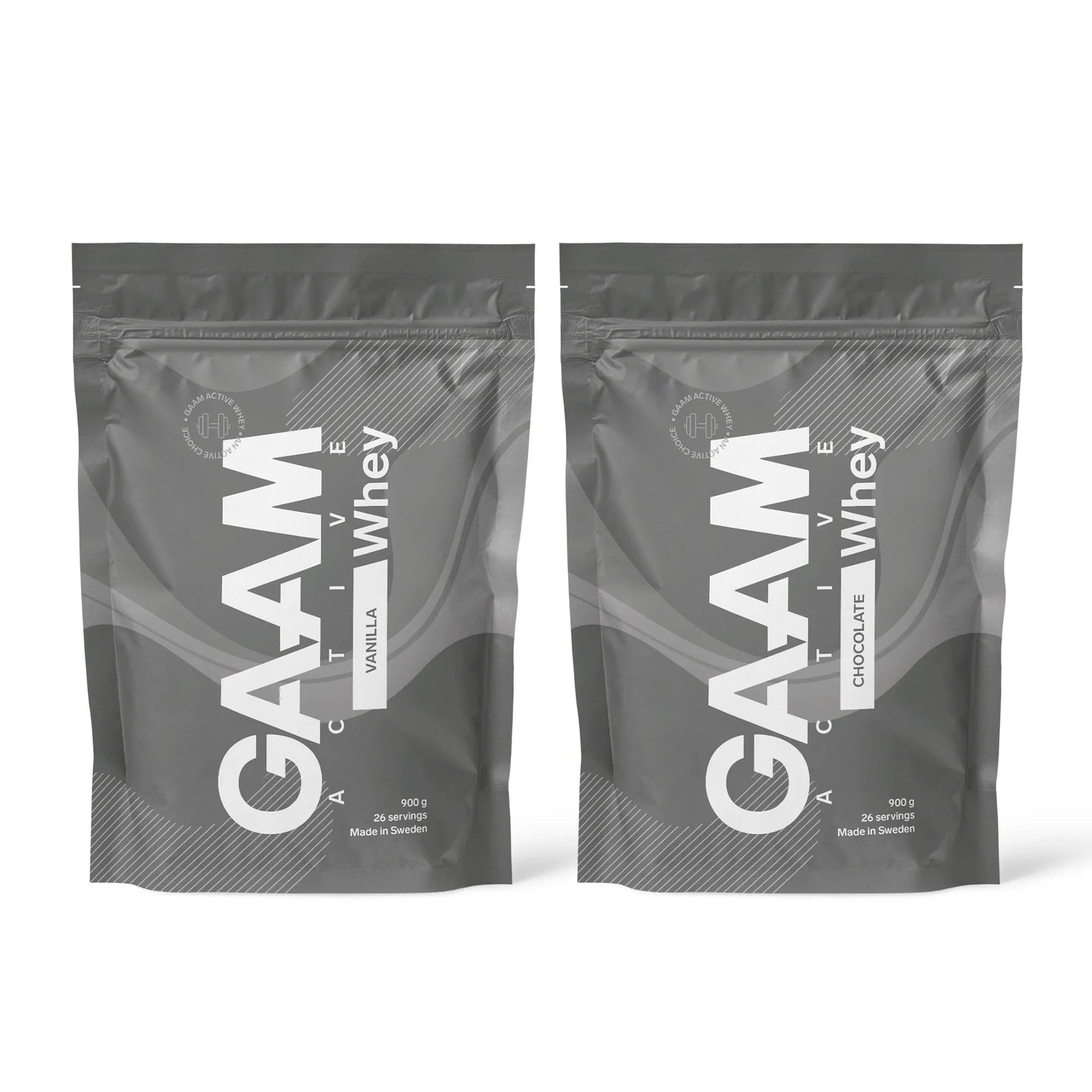 2 x GAAM Active Whey Proteinpulver 900 g i to grå poser med hvit tekst for smakene Vanilla og Chocolate.