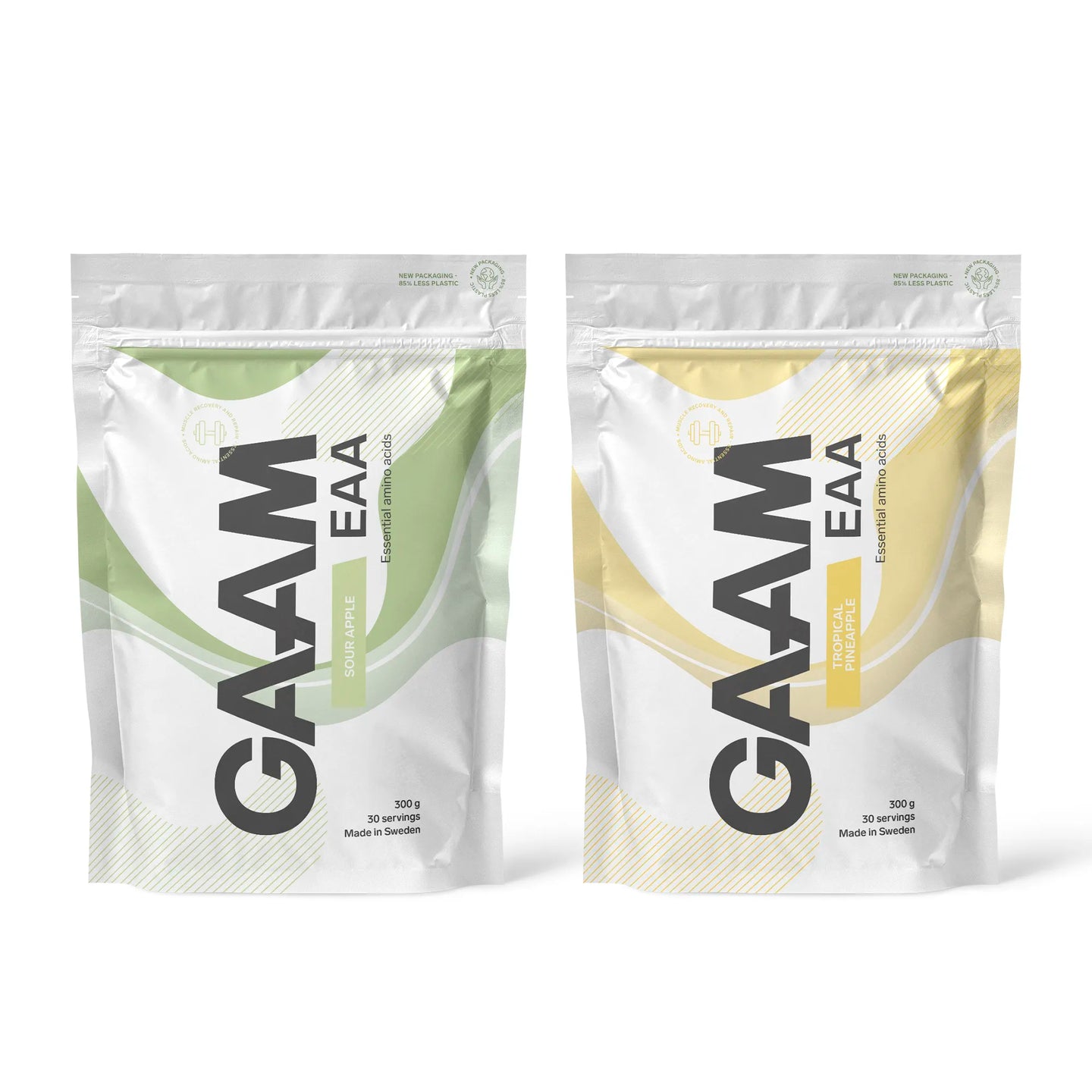 2 x GAAM EAA 300 g i to hvite poser med grønne og gule detaljer for smakene Sour Apple og Tropical Pineapple.