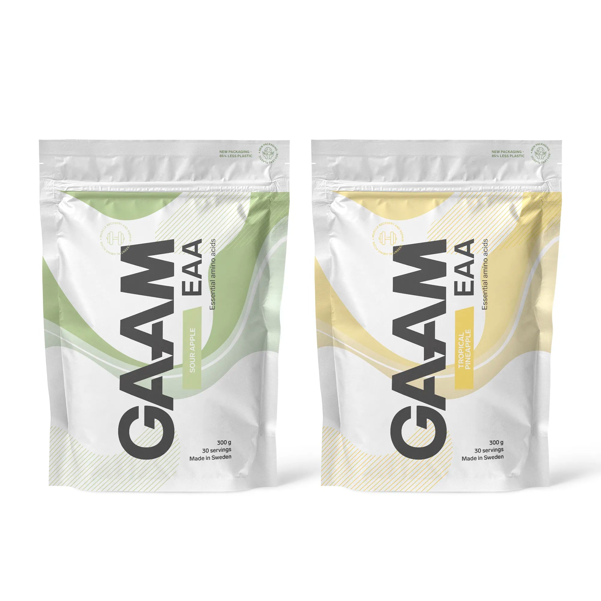 2 x GAAM EAA 300 g i to hvite poser med grønne og gule detaljer for smakene Sour Apple og Tropical Pineapple.