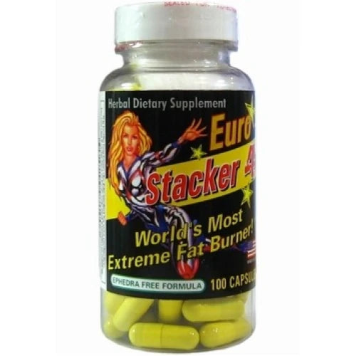 Stacker2 Stacker 4 100 caps fettforbrenner i en gjennomsiktig plastboks med svart etikett og synlige gule kapsler.