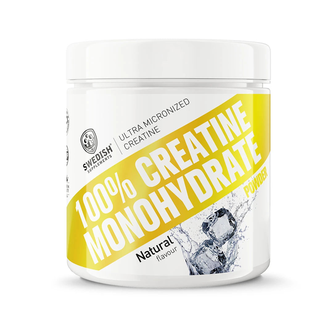 Swedish Supplements Creatine Monohydrate 250 g i en hvit boks med gule detaljer og tekst for smaken Naturell.