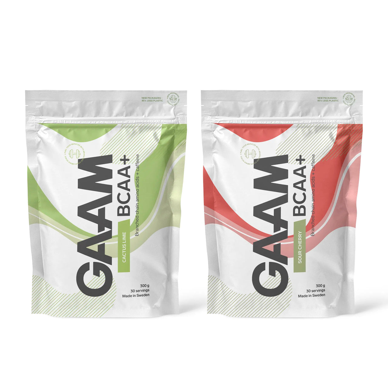 2 x GAAM BCAA + Caffeine 300 g i to hvite poser med grønne og røde detaljer for smakene Cactus Lime og Sour Cherry.
