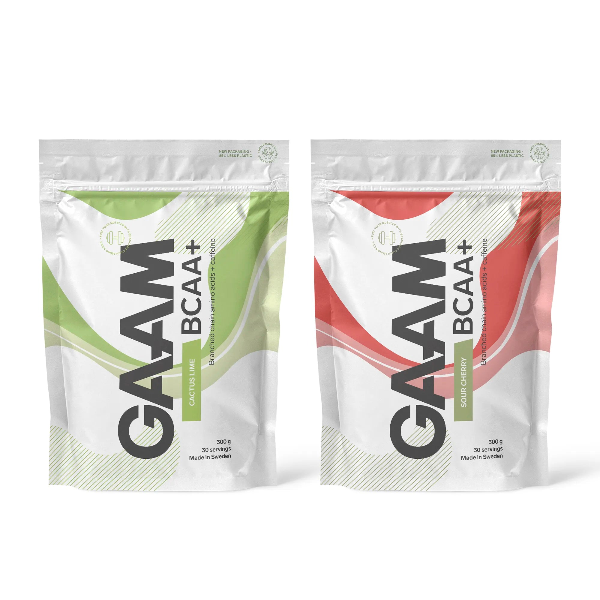 2 x GAAM BCAA + Caffeine 300 g i to hvite poser med grønne og røde detaljer for smakene Cactus Lime og Sour Cherry.