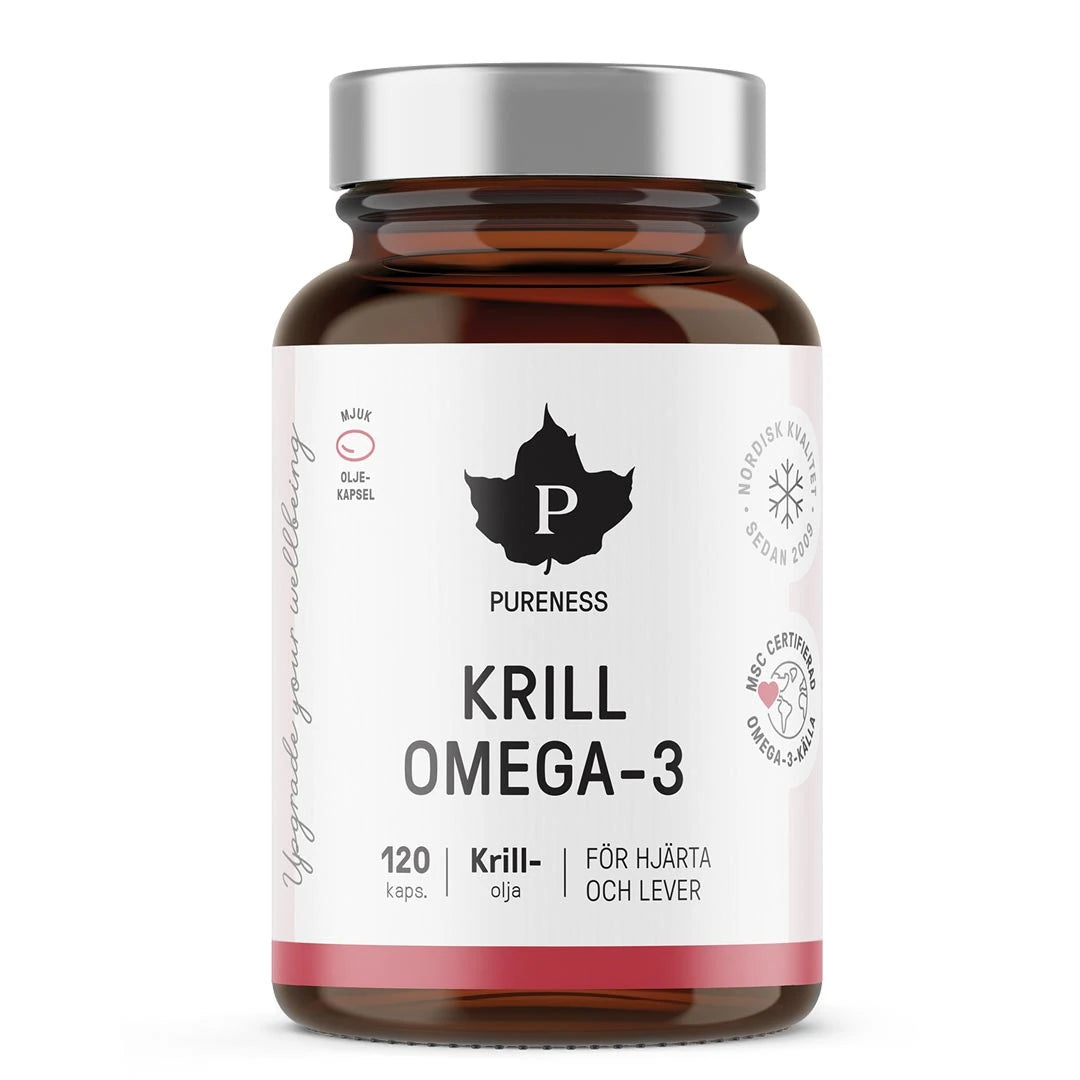 Pureness Krill Omega-3 120 caps kosttilskudd i en brun boks med hvit etikett og sølvfarget lokk.