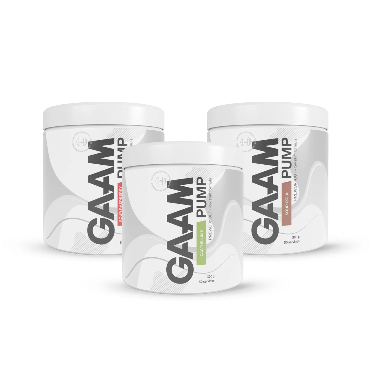 3 x GAAM PUMP 300 g prestasjonsøker i tre hvite bokser med smakene Sour Raspberry, Cactus Lime og Sour Cola.