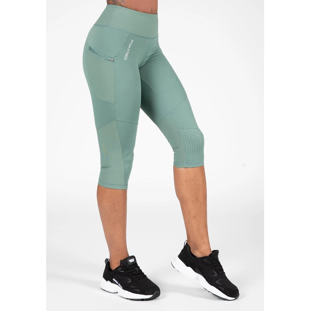 Gorilla Wear Monroe Cropped Leggings Army Green er croppede, grønne treningstights med høy midje og meshdetaljer., bilde 2 av 4