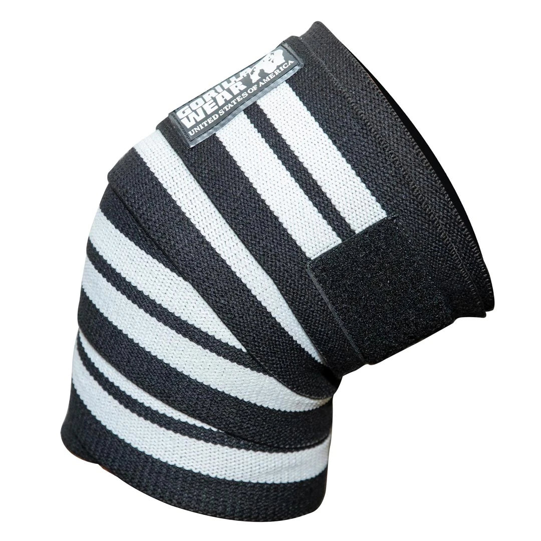 Gorilla Wear Knee Wraps 2 m Black/White er svart- og hvitstripete elastiske knestropper med borrelås., bilde 1 av 1