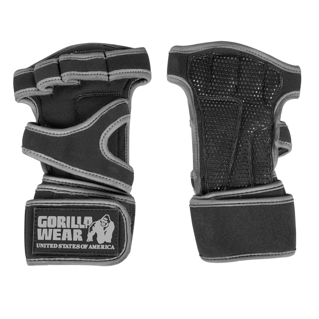 Svarte Gorilla Wear Yuma Weightlifting Workout Gloves Black/Grey treningshansker med grå detaljer og håndleddsstøtte.