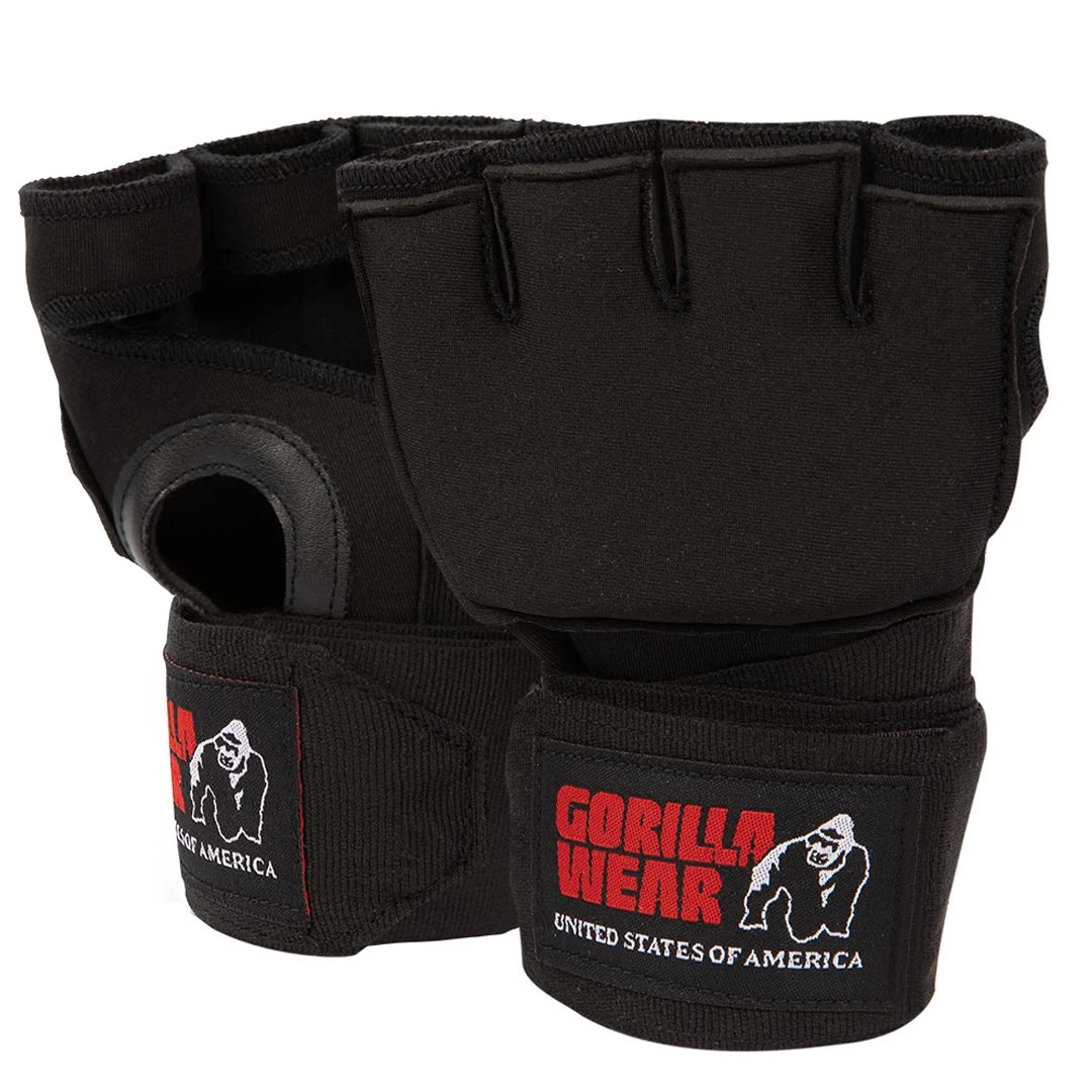Svarte Gorilla Wear Gel Glove Wraps med rød logo og håndleddsstøtte for boksing og kampsport.