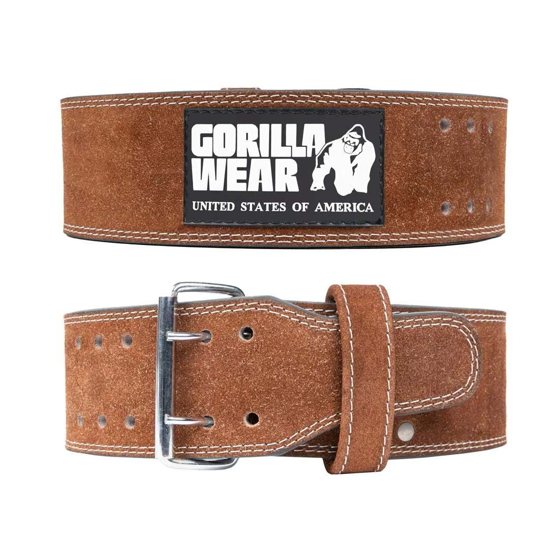 Gorilla Wear 4 Inch Powerlifting Belt Brown, et robust styrkeløftbelte i brunt lær med svart logo og stålspenne.