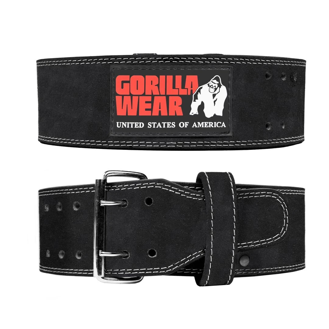 Svart Gorilla Wear 4 Inch Powerlifting Belt i robust skinn med spenne og rød logo.