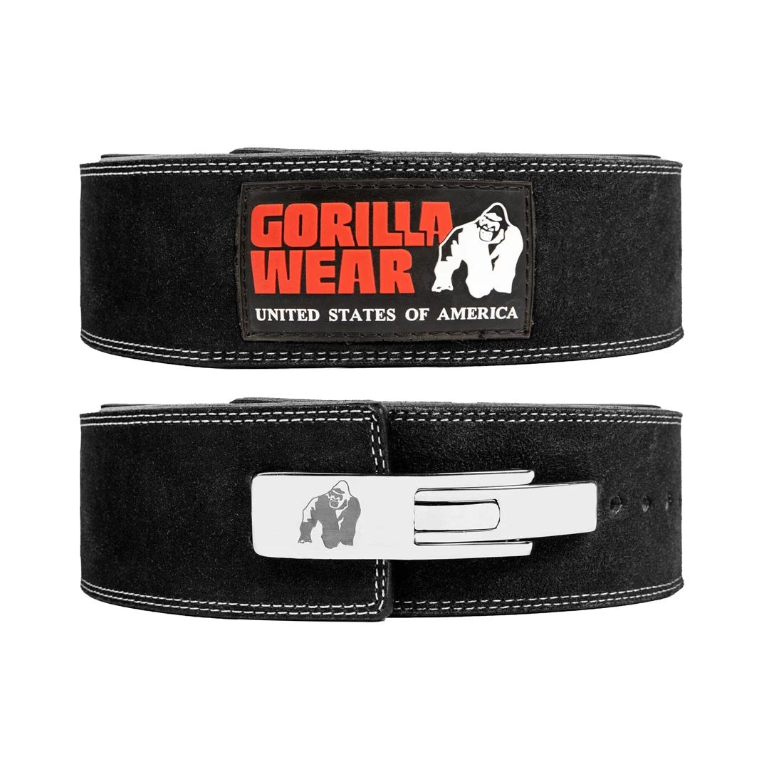 Gorilla Wear 4 Inch Powerlifting Lever Belt Black i kraftig svart lær med logo og hurtigspenne i sølv.