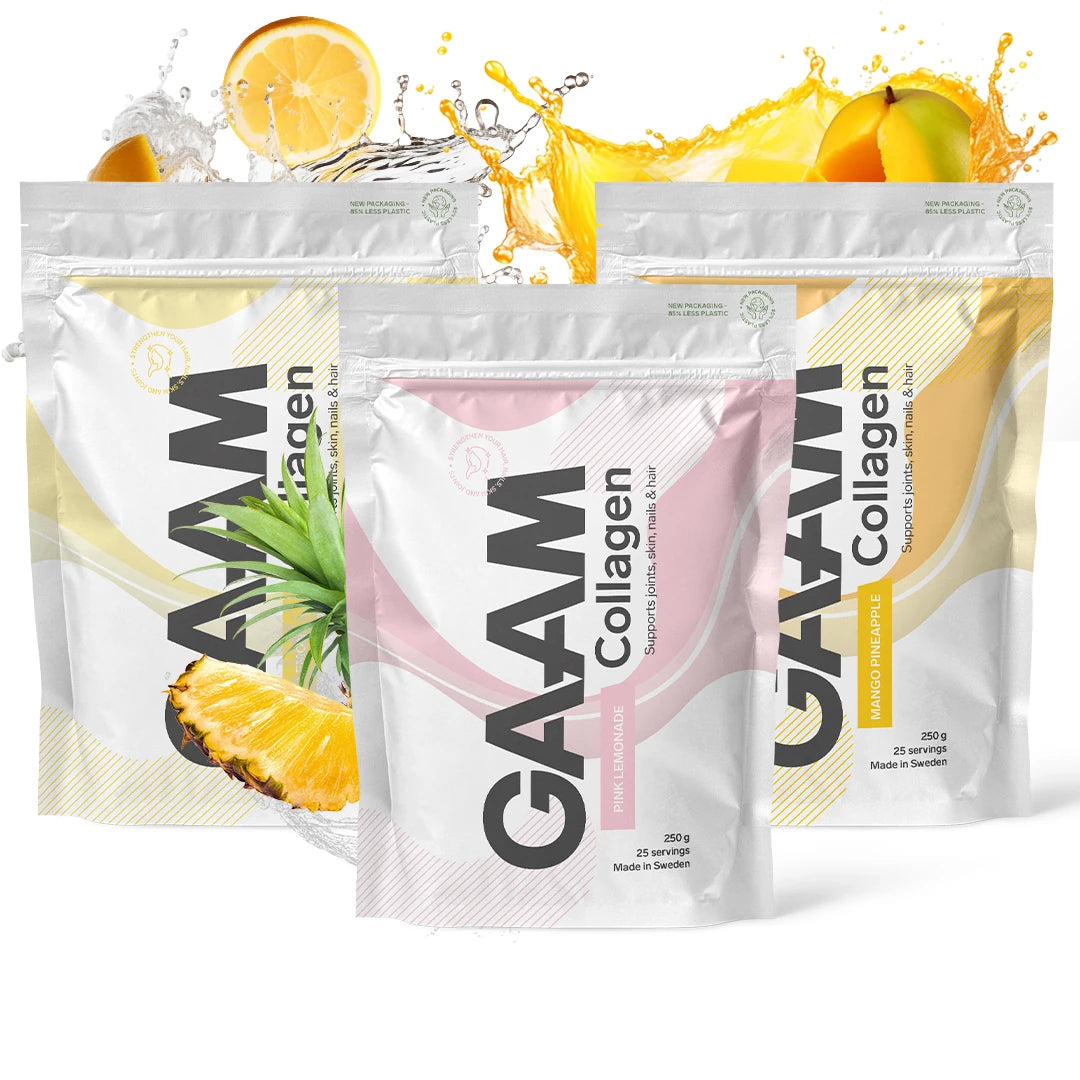 3 x GAAM Collagen 250 g i hvite poser med rosa og gule detaljer, omgitt av sprut og friske frukter.
