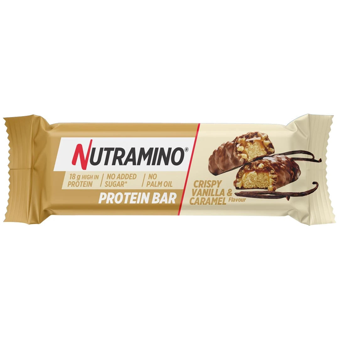 Nutramino Protein Bar 55 g i en beige og hvit forpakning med smaken Crispy Vanilla &amp; Caramel., bilde 3 av 3