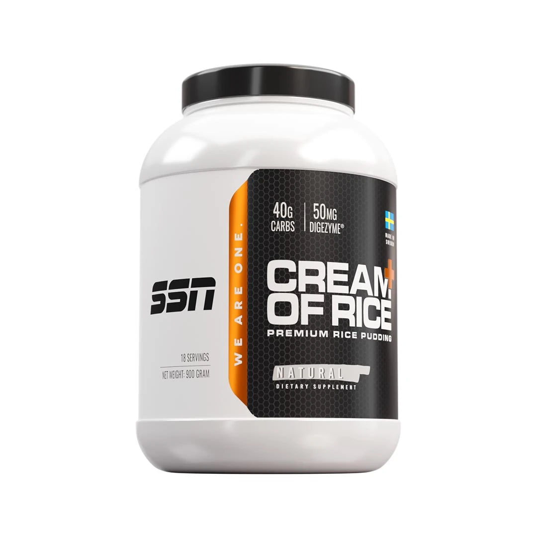 SSN Cream of Rice+ 900 g i en hvit boks med svart og oransje etikett i smaken Natural.