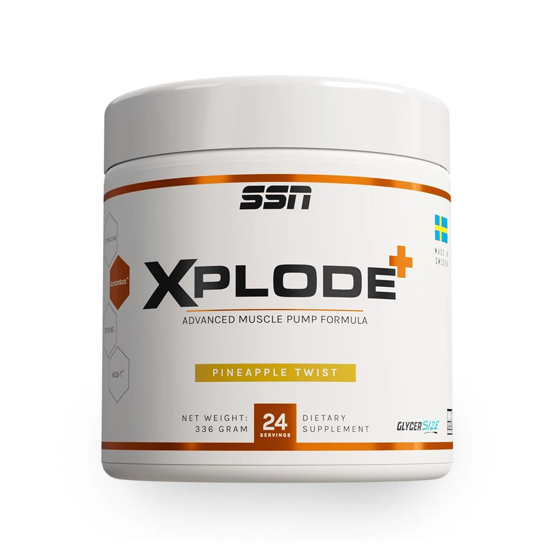 SSN Xplode+ 336 g koffeinfri PWO i en hvit boks med oransje detaljer for smaken Pineapple Twist.