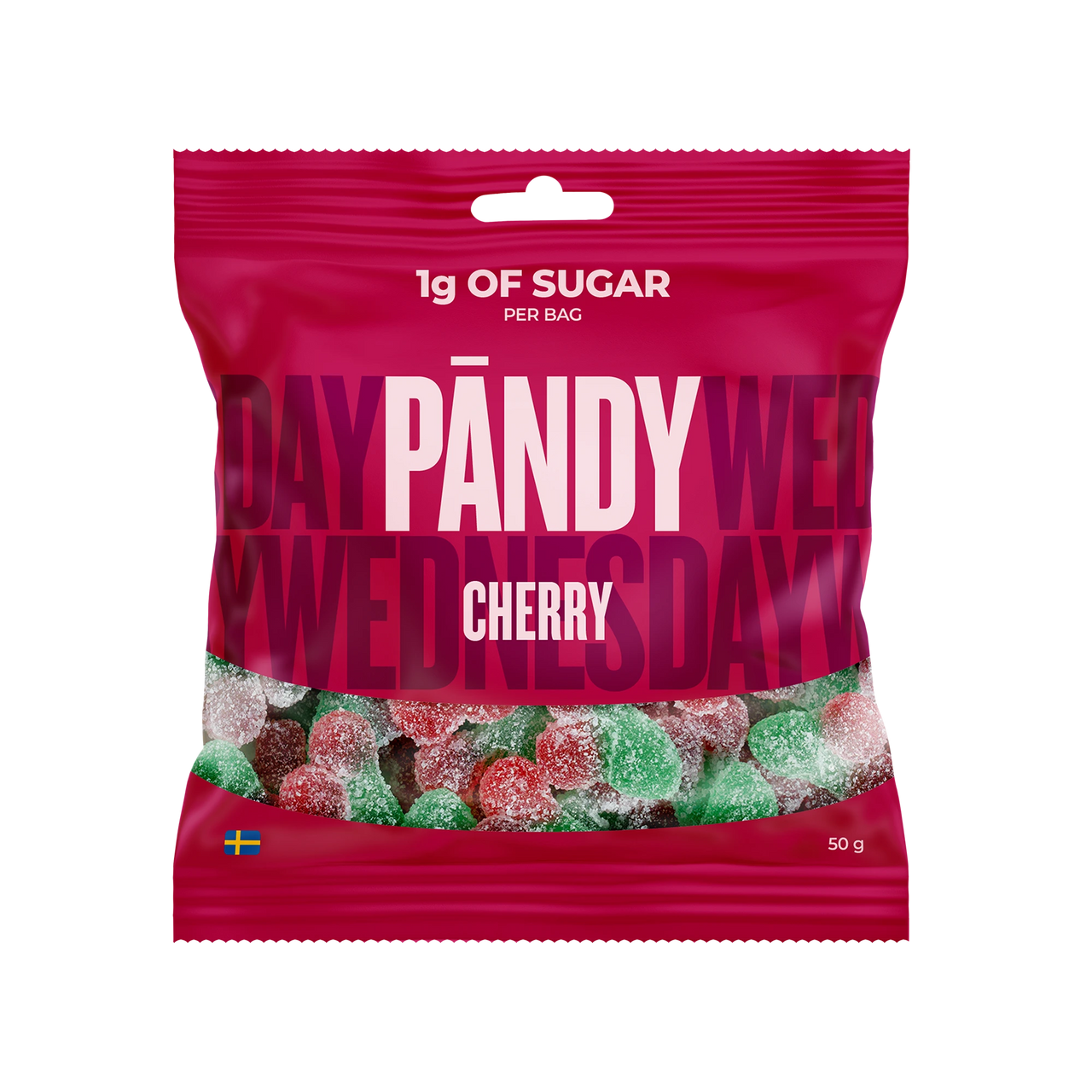 Pändy Candy 50 g Cherry by Klara i en rosa pose fylt med kirsebærformet gelégodteri.