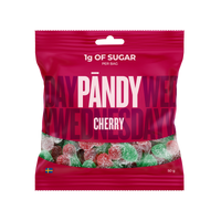 Pändy Candy 50 g Cherry by Klara i en rosa pose fylt med kirsebærformet gelégodteri.