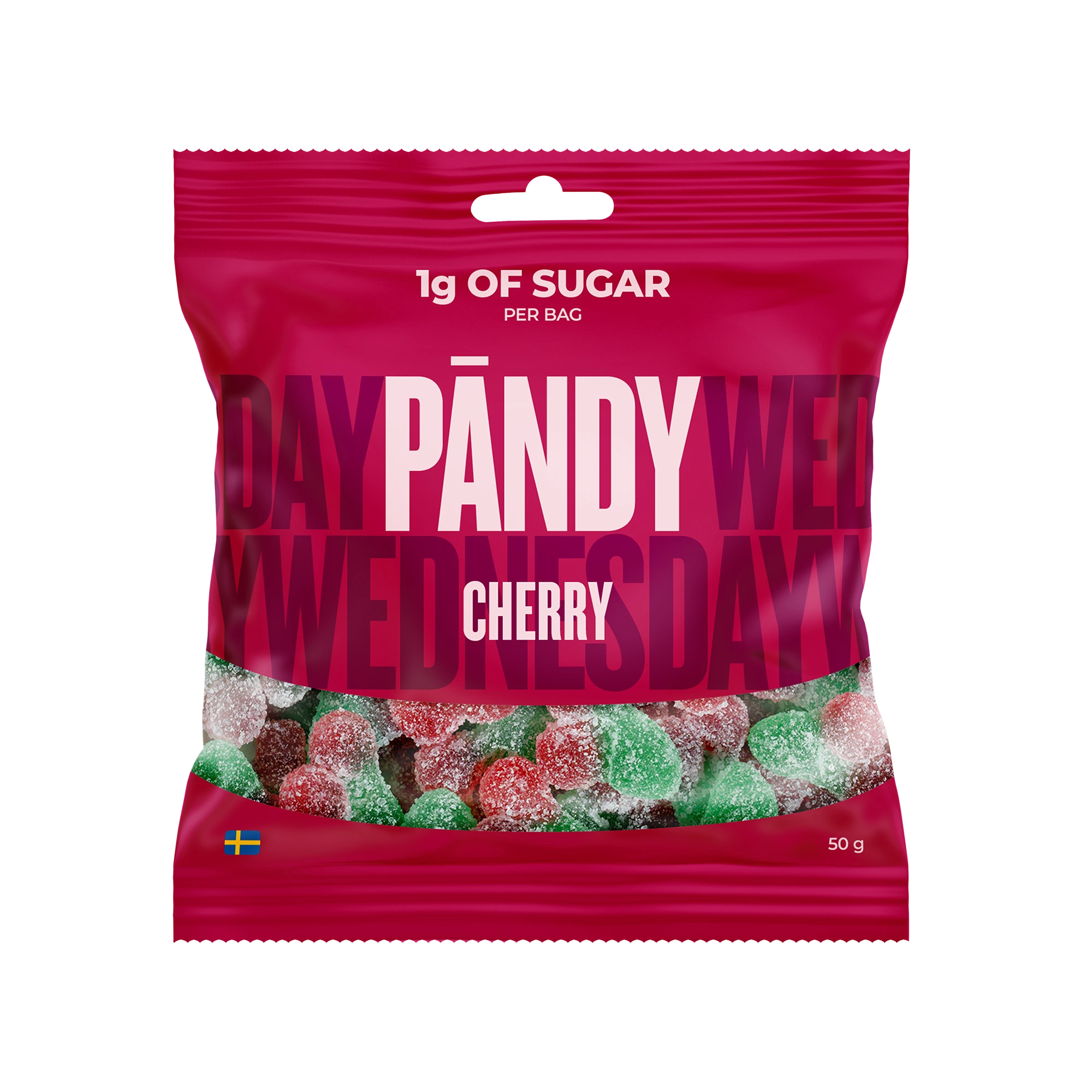 Pändy Candy 50 g Cherry by Klara i en rosa pose fylt med kirsebærformet gelégodteri., bilde 1 av 1
