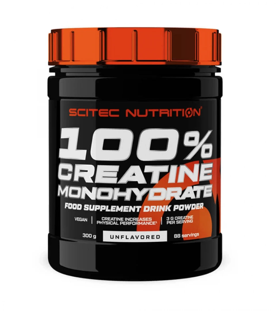 Scitec Nutrition 100% Creatine 300 g i en svart boks med et metallisk oransje lokk og hvit tekst.