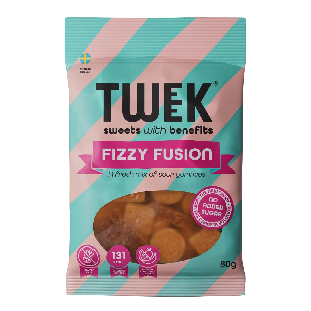 Tweek Sweets 80 g godteri i en lyseblå og rosa stripete pose for smaken Fizzy Fusion.