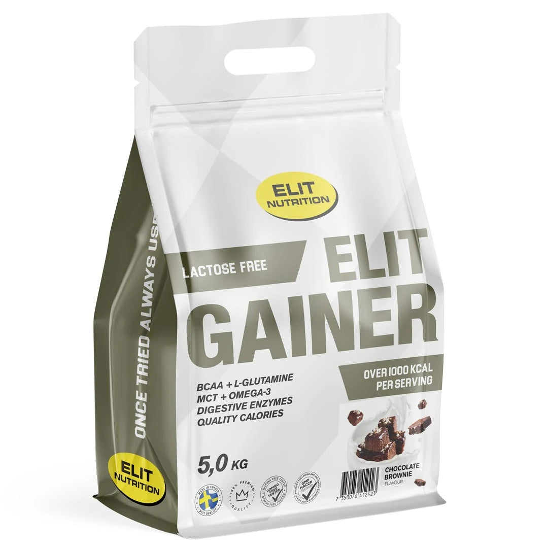 Elit Nutrition Gainer - Lactose Free 5 kg i en hvit og grå pose med smaken Chocolate Brownie.