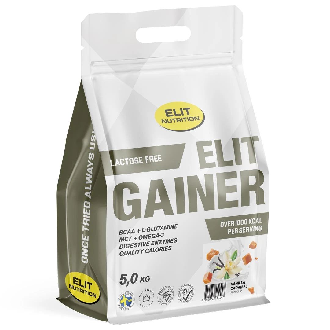 Elit Nutrition Gainer - Lactose Free 5 kg i en hvit og grå pose for smaken Vanilla Caramel.