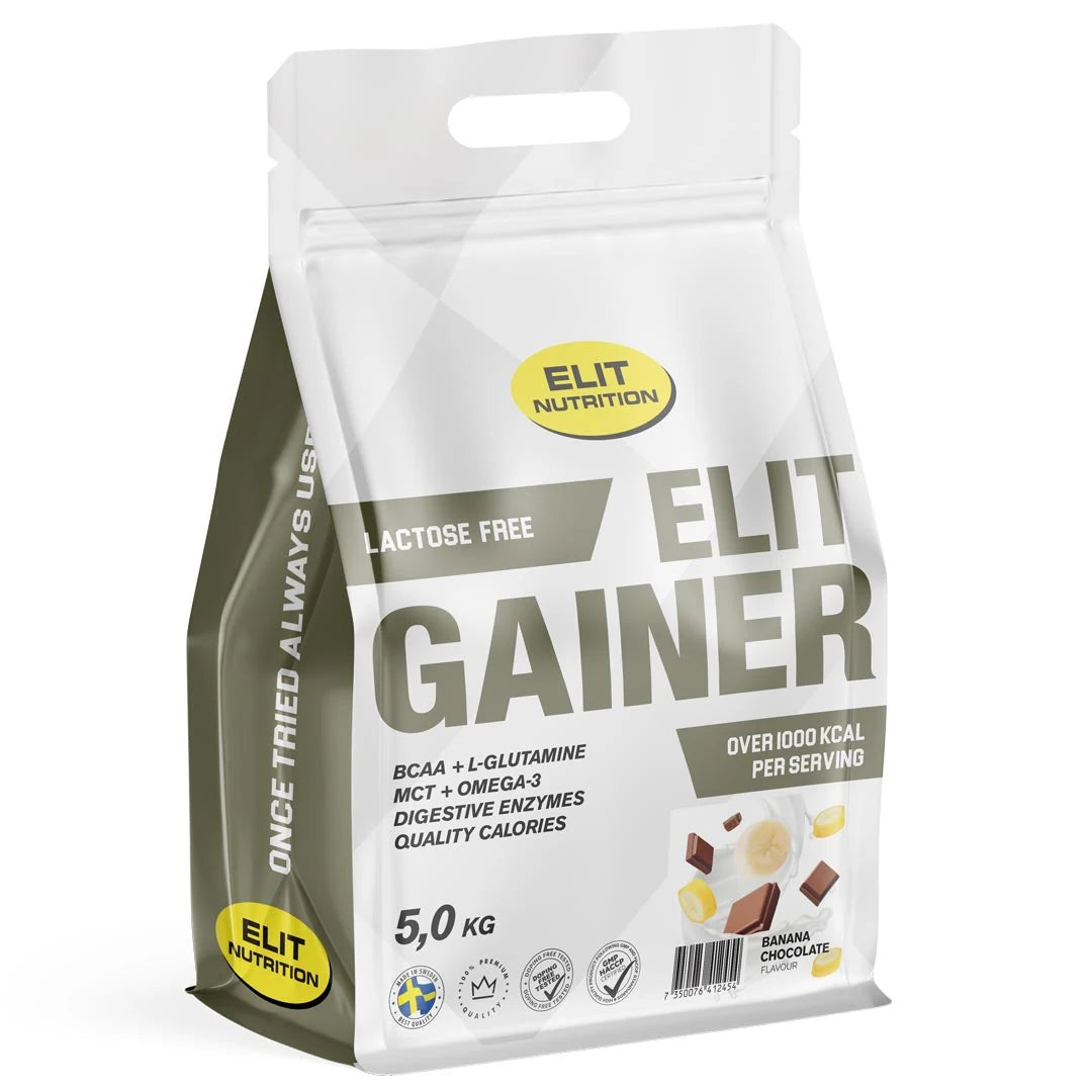 Hvit pose med Elit Nutrition Gainer laktosefri 5 kg pulver i smaken Banana Chocolate.