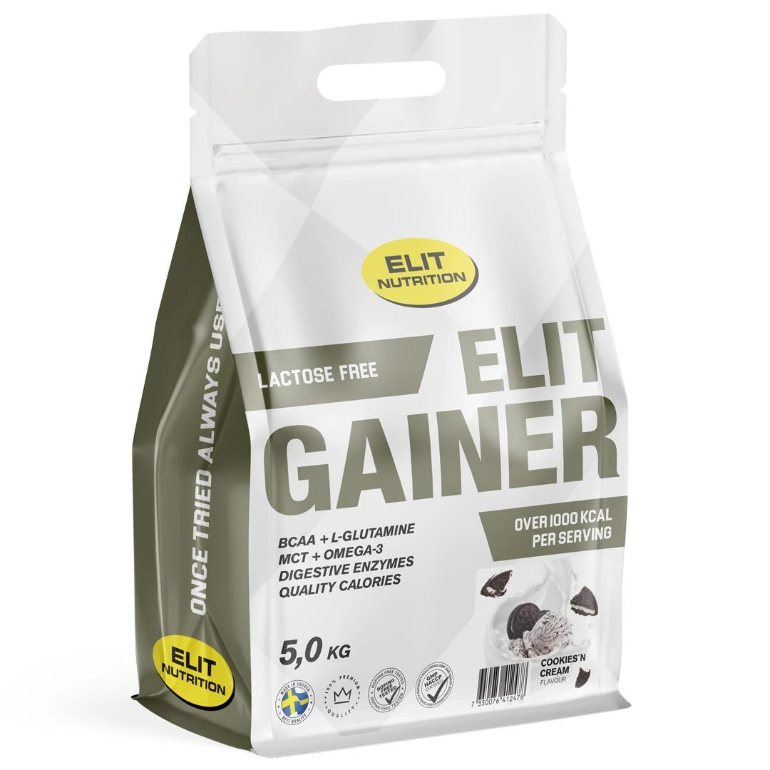 En hvit pose med Elit Nutrition Gainer Lactose Free 5 kg i smaken Cookies & Cream.