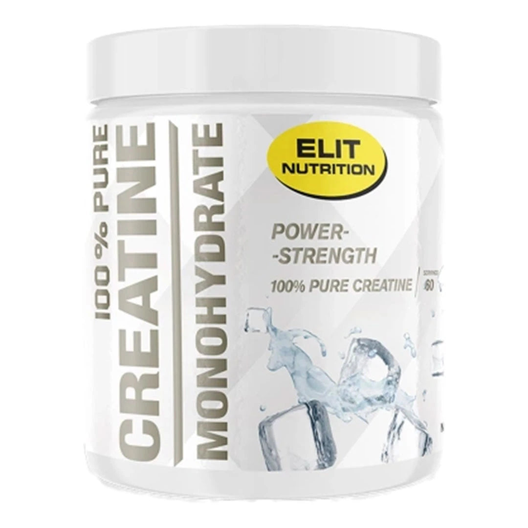 Elit Nutrition 100% Pure Creatine Monohydrate 300 g i en hvit boks med grå tekst og isbiter på etiketten.
