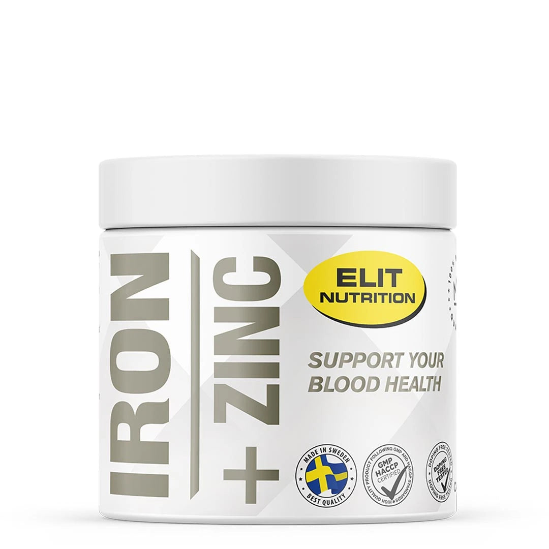 Elit Nutrition Iron + Zinc 60 caps mineraltilskudd i en hvit plastboks med grå tekst og gul logo.