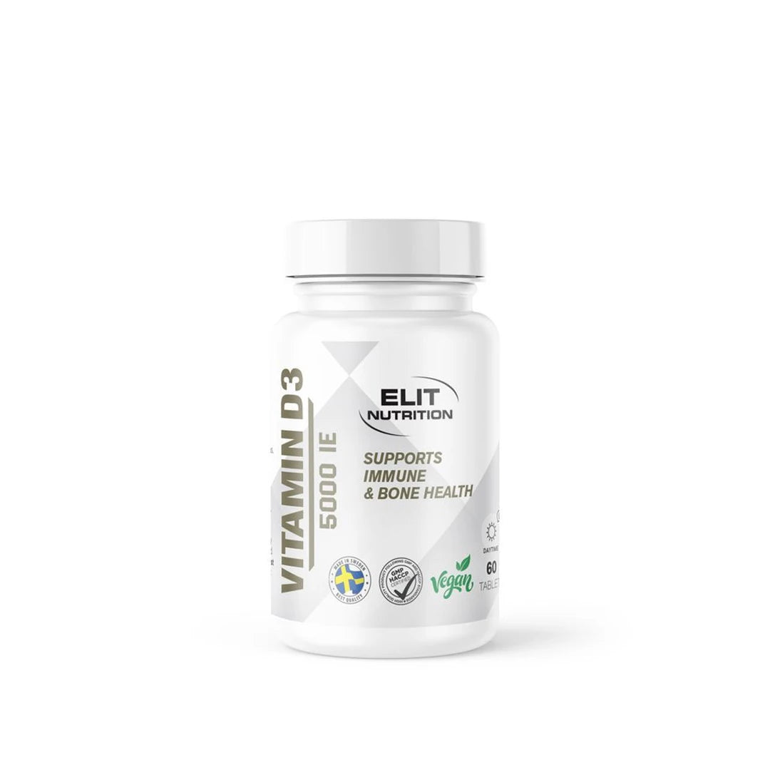 Elit Nutrition Vitamin D 60 tabs i en hvit plastboks med stilren etikett og tekst for immun- og benhelse.