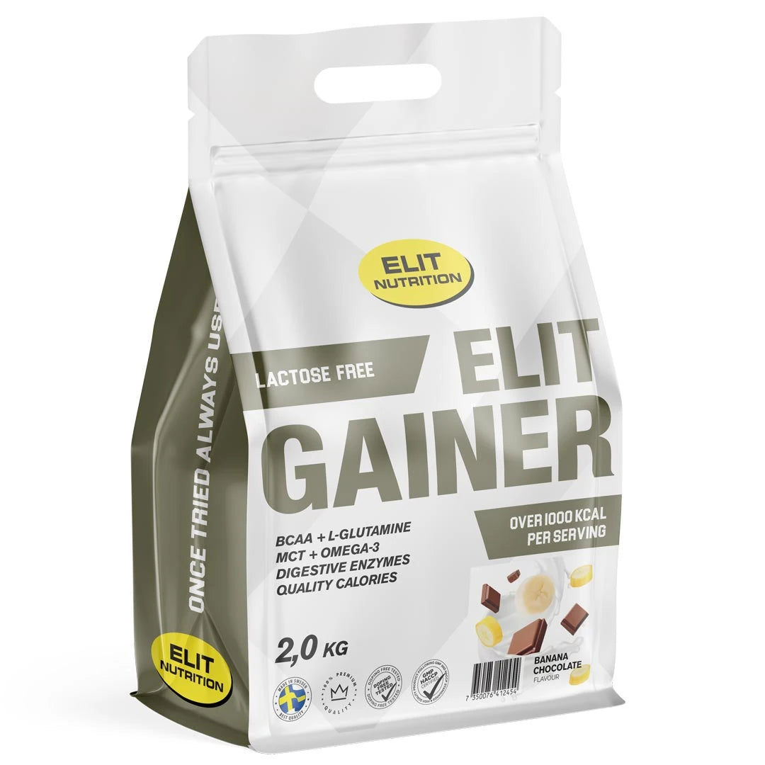Elit Nutrition Gainer Lactose Free 2 kg gainerpulver i en hvit pose med grå og gule detaljer, smak av Banana Chocolate.