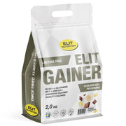 Elit Nutrition Gainer Lactose Free 2 kg laktosfritt gainerpulver, förpackad i en vit påse med grå och gula detaljer samt smak av Banana Chocolate.
