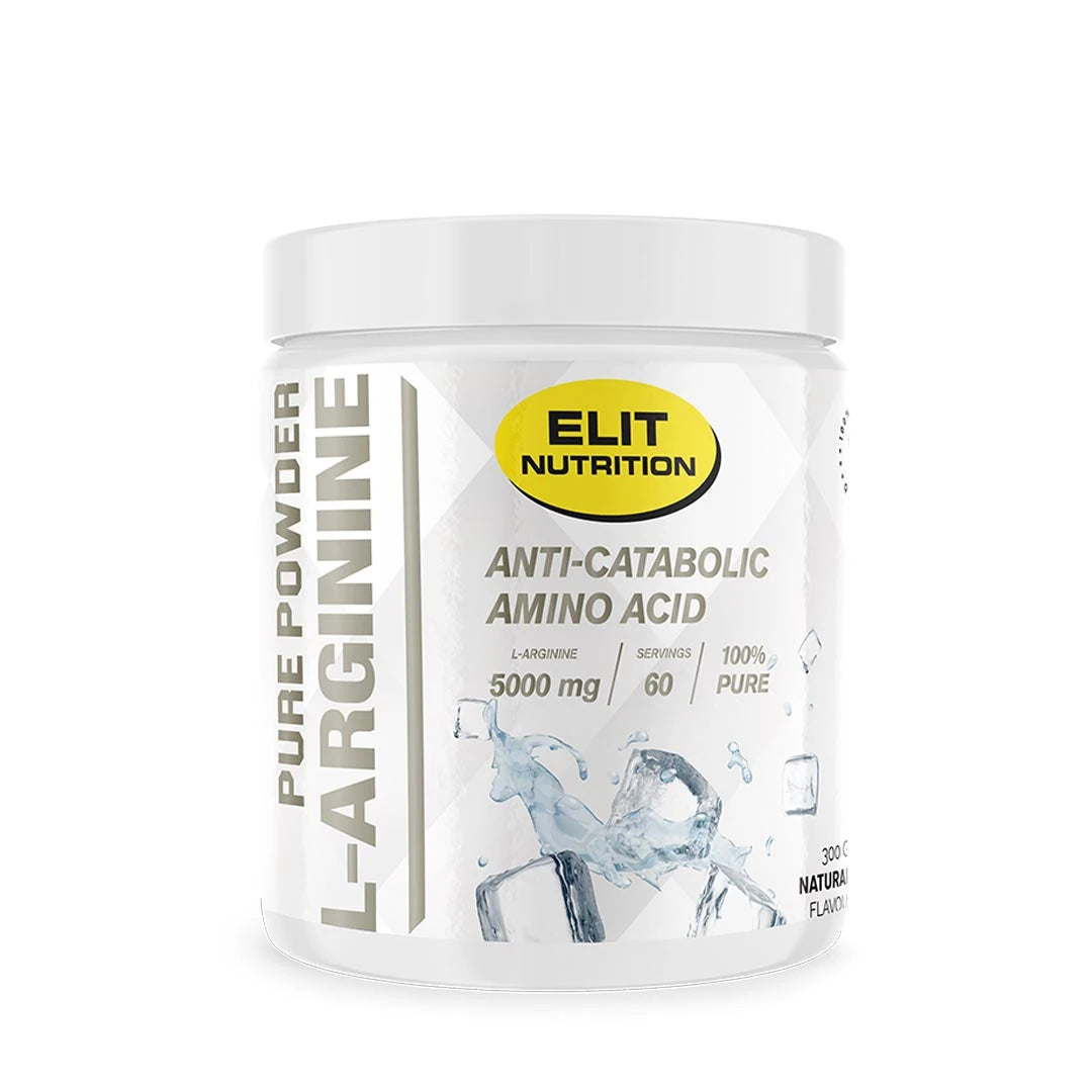 Elit Nutrition 100% L-arginine 300 g i en hvit boks med gule og grå detaljer.