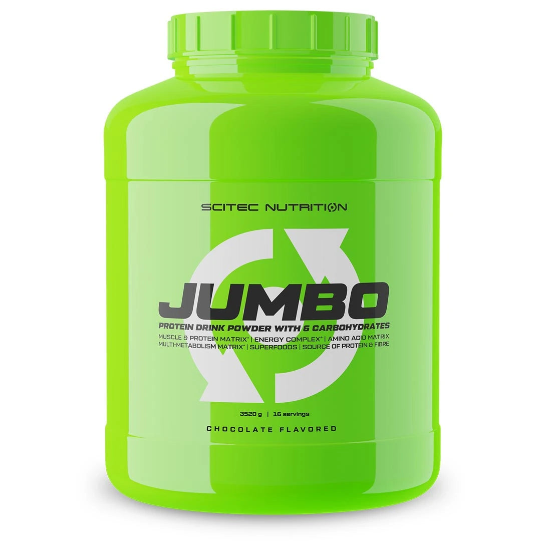 Scitec Nutrition Jumbo 3.52 kg gainer i en stor neongrønn boks, sjokoladesmak.