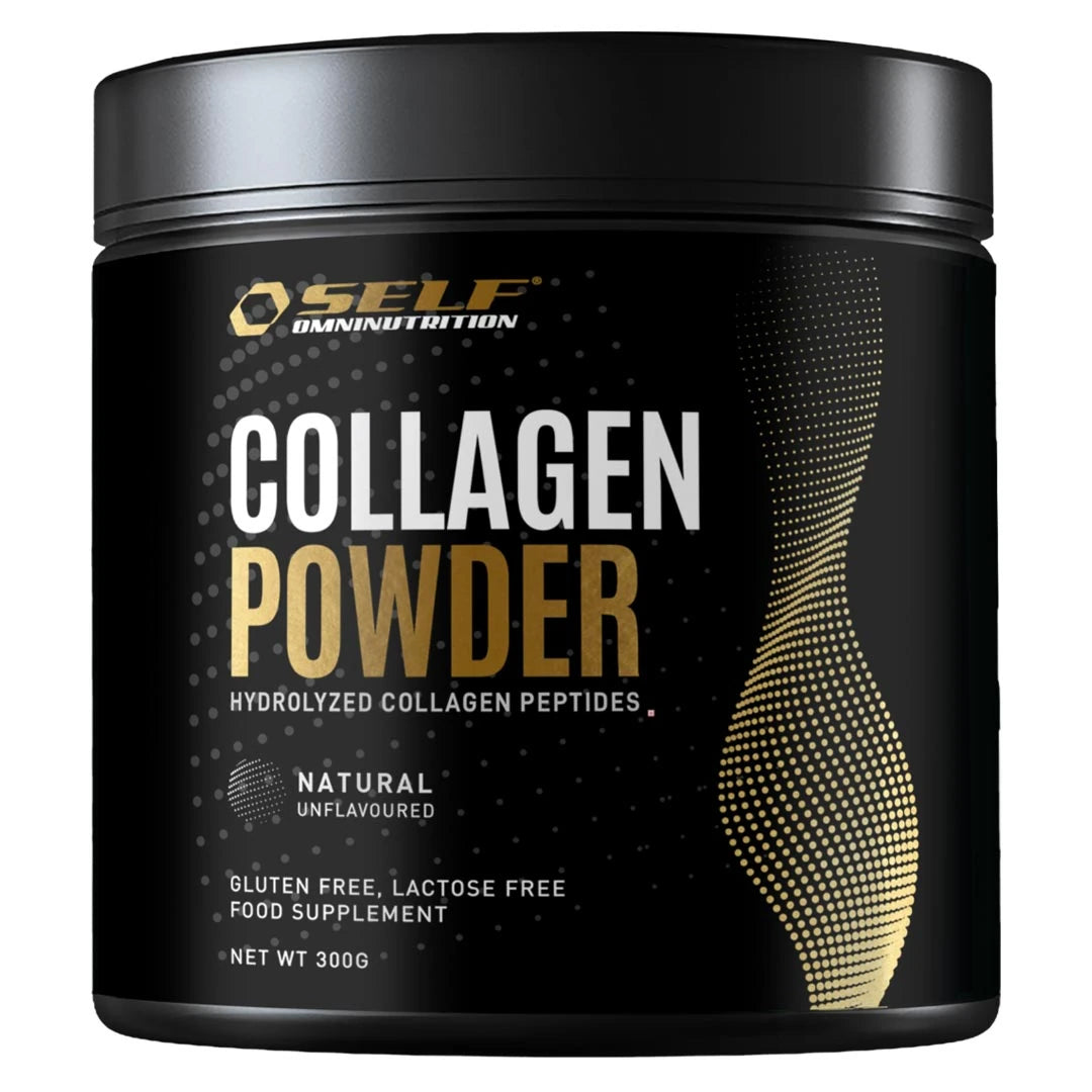 Self Omninutrition Collagen Powder 300 g hydrolysert kollagenpulver i en svart boks med gull- og hvit tekst.