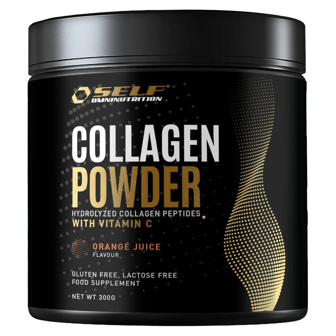 Self Omninutrition Collagen Powder + Vit C 300 g pakket i en svart boks med gulldetaljer og appelsinsmak.