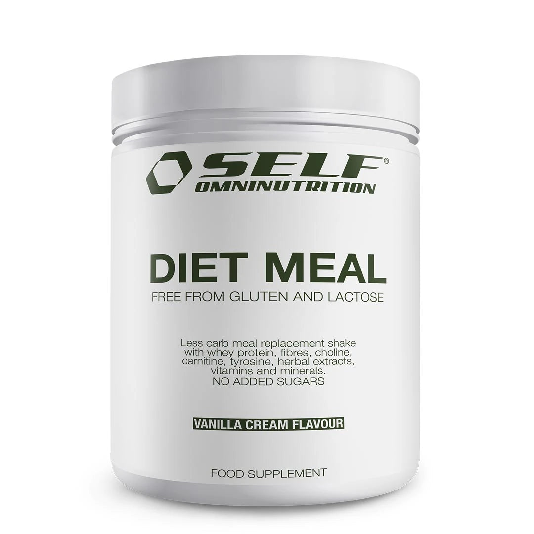 Hvit boks med Self Omninutrition Diet Meal 500 g måltidserstatning i pulverform i smaken Vanilla Cream.