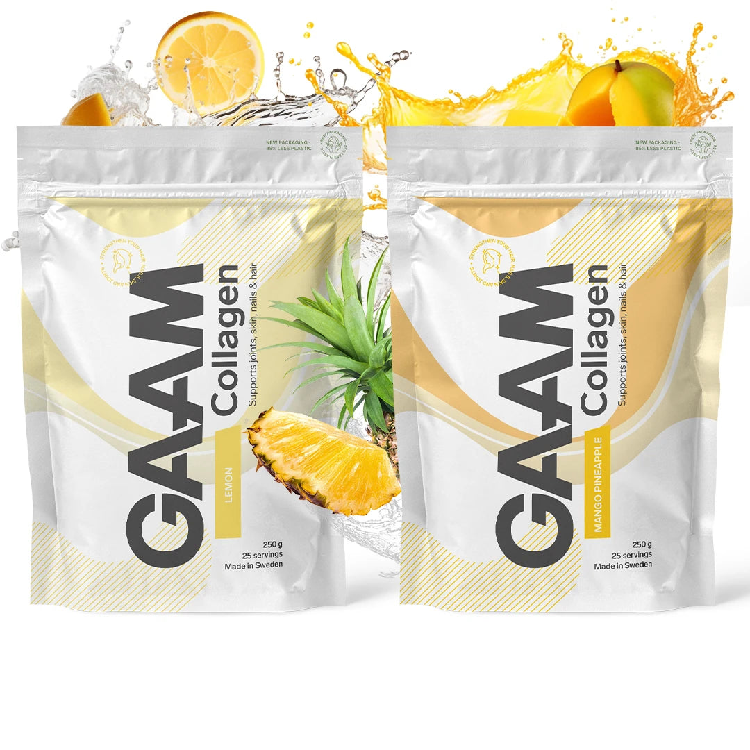 2 x GAAM Collagen 250 g i hvite poser med gule detaljer og fruktige smaker som Lemon og Mango Pineapple.