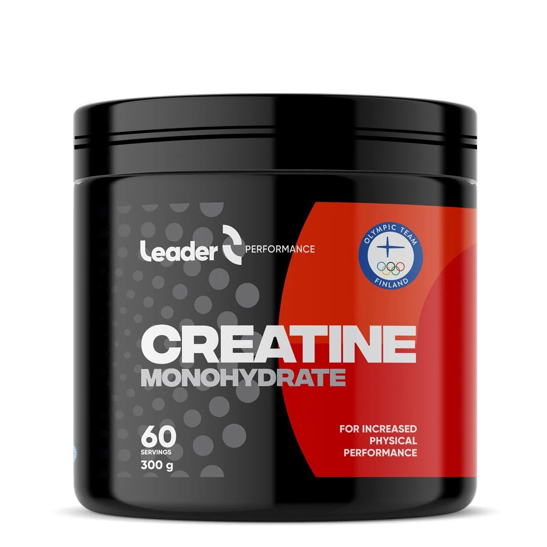 Leader Performance Creatine monohydrate 300 g i en svart boks med rød og svart etikett.