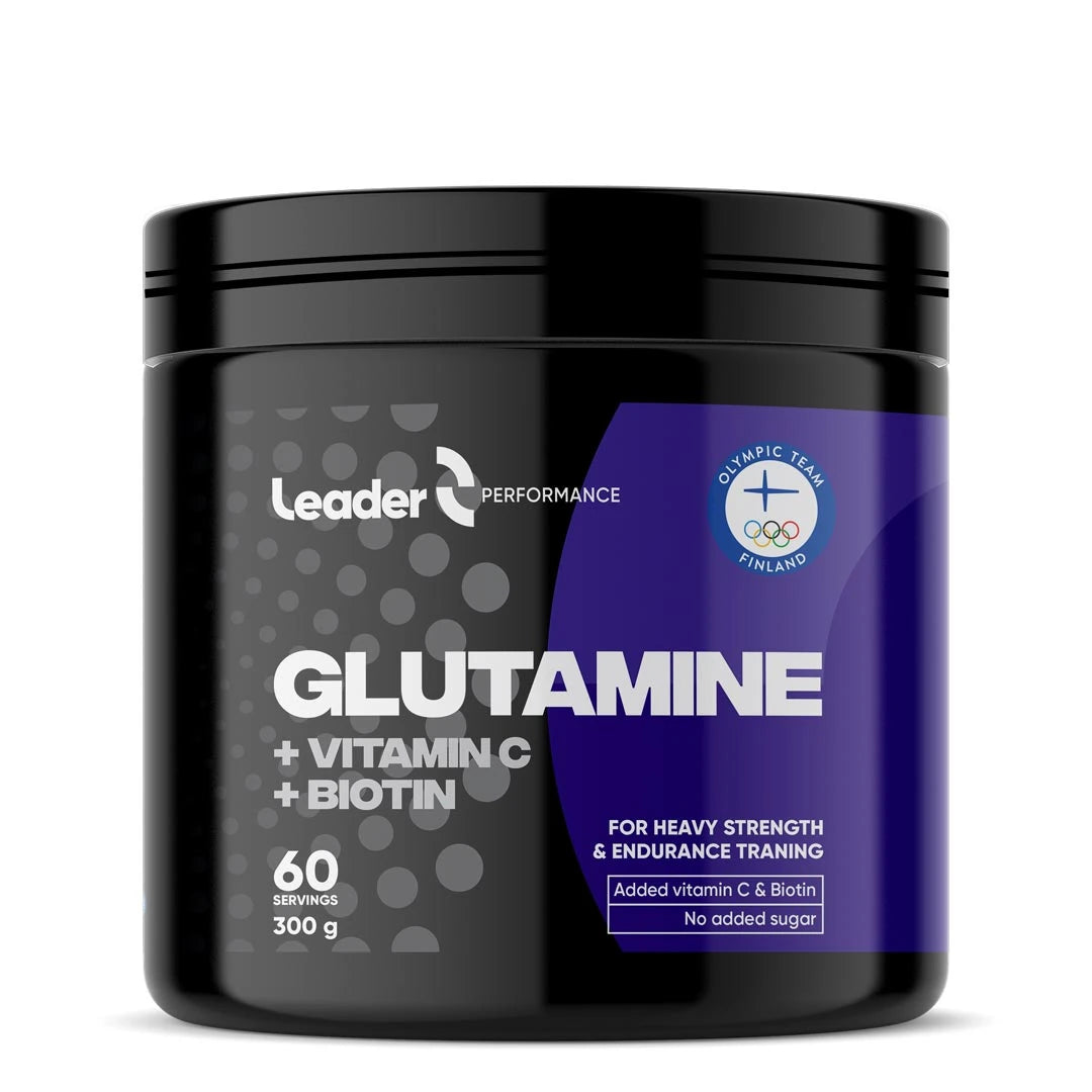 Leader Performance Glutamin + C + Biotin 300 g aminosyre i pulverform i en svart boks med lilla detaljer.