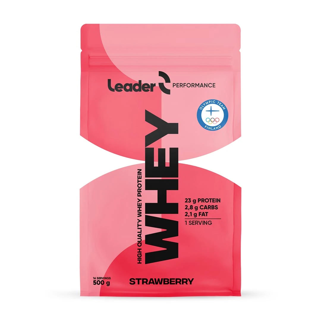 Leader Performance Whey Protein 500 g proteinpulver i en rosa pose med svarte detaljer., bilde 1 av 2