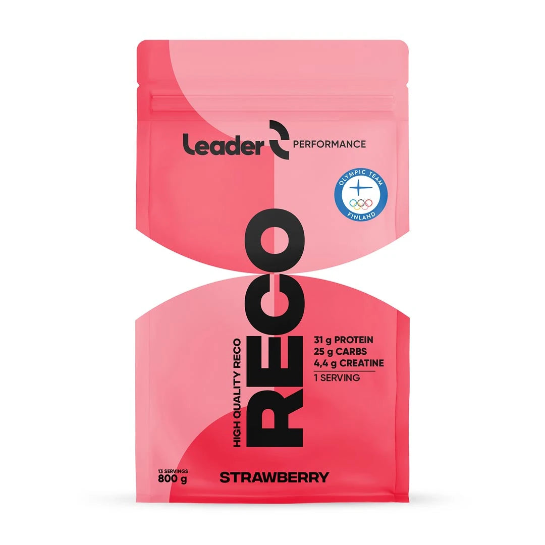 Leader Performance Reco 800 g gainer i pulverform pakket i en rosa pose med smak av Strawberry.